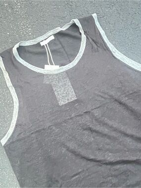 Zara Men’s linen-blend Crewneck Tank Top Black light grey ribbed collar Medium